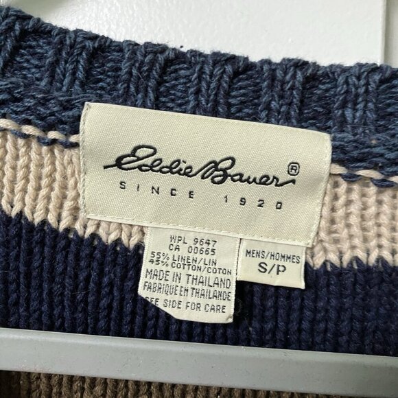 Vintage Eddie Bauer Sweater Mens S Stripe Neutral Knit Grandpa Linen Cotton - Picture 4 of 5